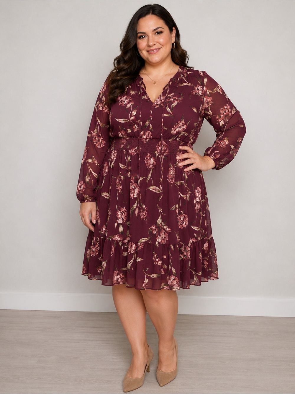 Suzy Shier Burgundy Floral Long Sleeve Dress – Women’s Large